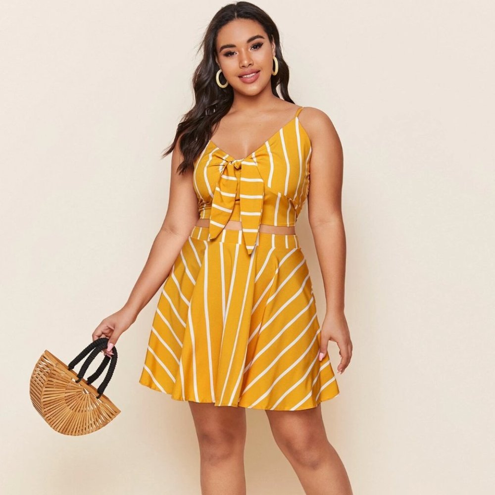 Plus Striped Self-Tie Cami Top & Skirt Set